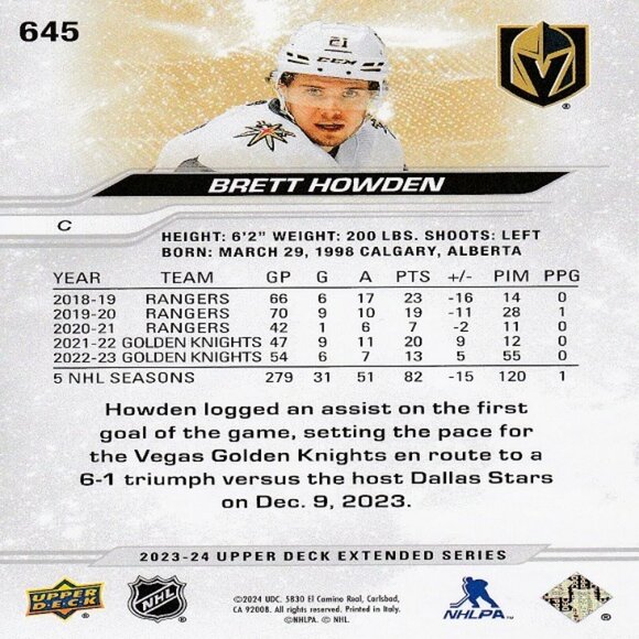 Brett Howden - 2023/2024 Upper Deck Extended Series Hockey Card - Picture 2 of 2